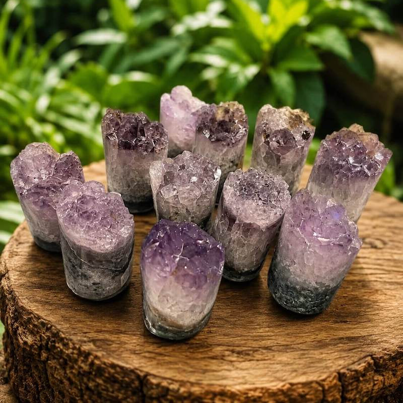 Amethyst crystal cups on a wooden stump with green foliage in the background