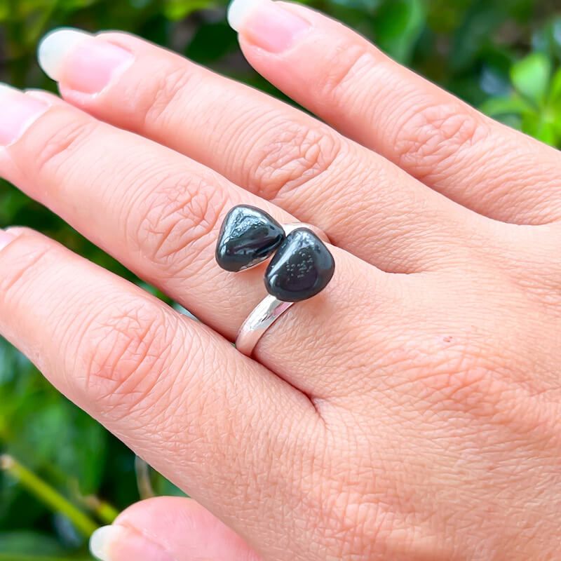 Hematite-Silver-Ring.Shop for Adjustable Dual Crystal Ring - Chakra Ring Jewelry from Magic crystals. 2 points crystal ring for creativity, passion, wisdom, and love. Activate your chakra. Birthstone Rings. Pure Natural Raw Healing Crystal for Women, men. Minimal Gemstone Rings, Chunky crystal rings, Raw gemstone rings, Raw crystal rings.