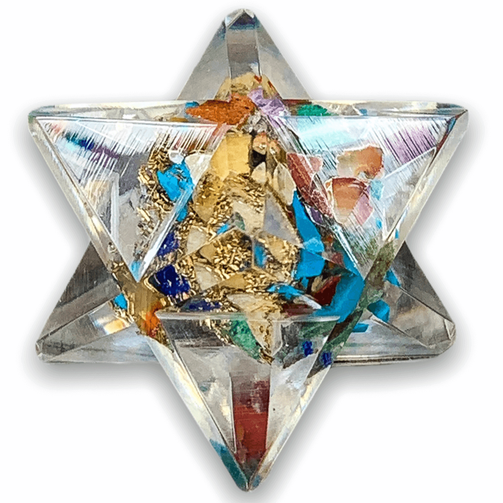 Buy 7 Chakra Orgone Merkaba Star - Crystals with Orgone Energy! Used for orgone Healing Reiki, healing Chakra, Merkaba Orgone Merkaba Star. Orgone Merkaba helps against EMF & haarp radiations in our environment. MagicCrystals.com carries orgonite resin star filled with healing crystal. Sacred Geometry