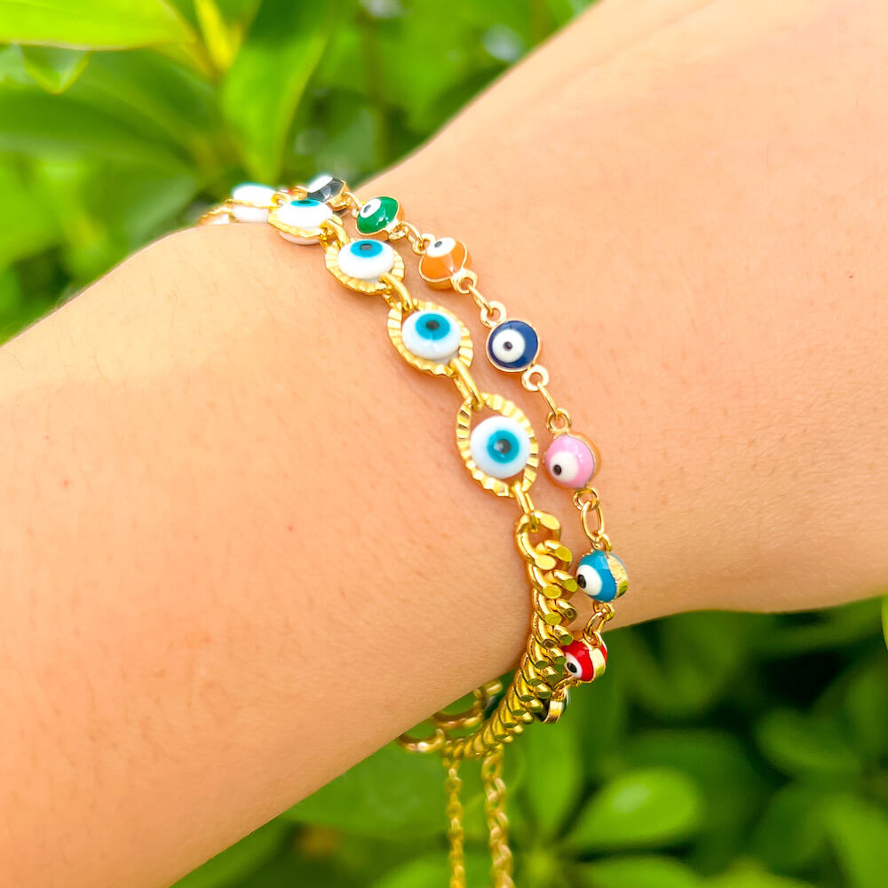 18K Gold Filled Light Blue Evil Eye Protection Bracelet. Hypoallergenic (lead-free, nickel-free, cadmium-free). MagicCrystals.Com bracelets are hand-crafted with love. Unique gift with meaning to your precious days such as graduations, birthdays, mother's days, wedding events