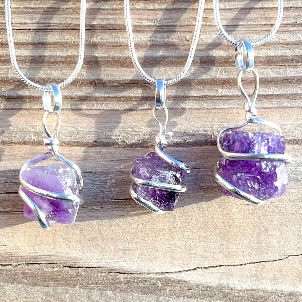 Buy Amethyst Necklace - Amethyst Gemstone Jewelry, Natural Amethyst Gemstone, Rough Amethyst Jewelry wrapped at Magic Crystals. Shop for Amethyst jewelry with FREE SHIPPING AVAILABLE. Amethyst is february stone. Spiral Wire Wrapped necklace. Wire-wrapped Amethyst Stone Necklace. Purple stone necklace