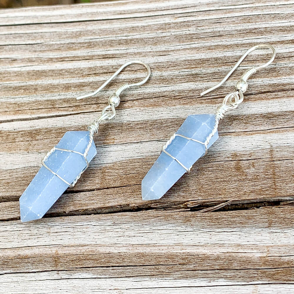 Blue Angelite Stone Wired Wrap Crystal Double Point Earrings
