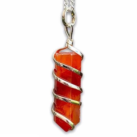 Buy Orange Carnelian Necklace - Carnelian Gemstone Jewelry, Natural Carnelian Gemstone Single-Terminated Gemstone Points wrapped at Magic Crystals. Shop for carnelian jewelry with FREE SHIPPING AVAILABLE. Carnelian is best for Motivation. Spiral Wire Wrapped necklace. Wire-wrapped Carnelian Stone Necklace.