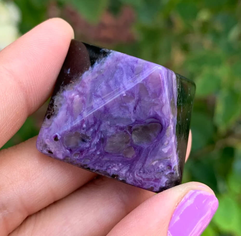 Charoite "Stone of The Dragon" Pyramid from Russia. High Quality, Russian Natural Purple Stone, Polished Crystal, Spiritual Gifts. Charoite is known as a soul stone that can provide strong physical and emotional healing energies. FREE SHIPPING available. Natural Charoite Gemstone. Natural Russian Charoite.