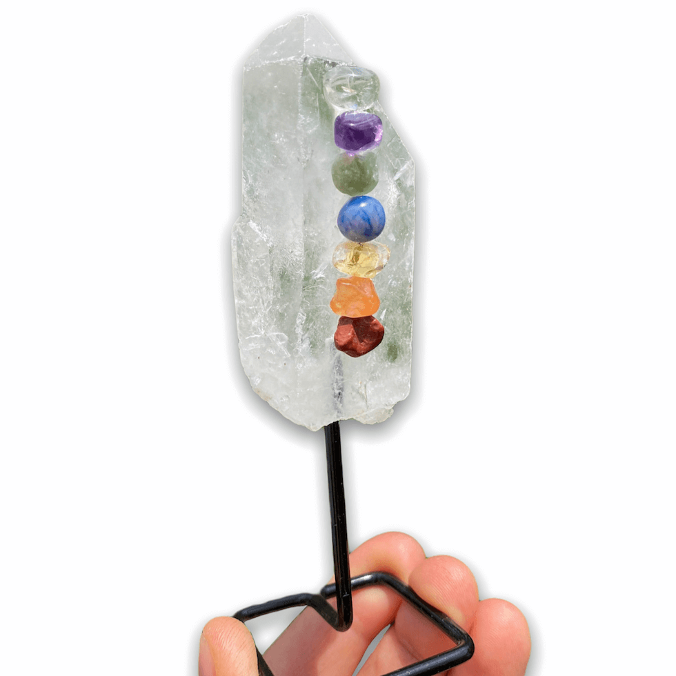 Shop from MagicCrystals.Com for Clear Quartz Point with 7 Chakras stones on stand! We carry a wide variety of clear quartz gemstones and quartz specimens. Clear Quartz Merkaba symbolizes DIVINE ENERGY, AMPLIFICATION • and CLARITY. FREE SHIPPING AVAILABLE.