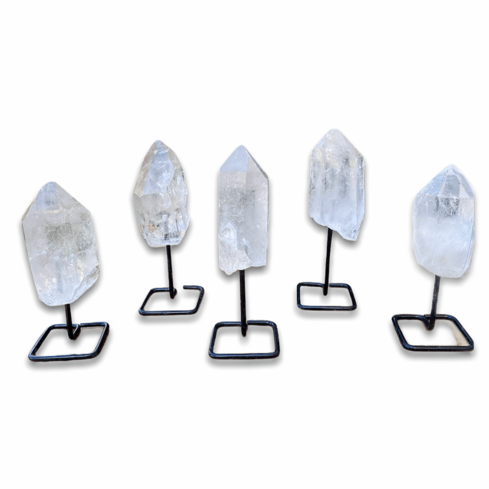 Shop from MagicCrystals.Com One Rough Clear Quartz Metal Stand, Clear Quartz Chunk on Stand, Point on Stand Pin, Clear Quartz Protect Stone, Rough Clear Quartz, Raw Clear Quartz! We carry a wide variety of clear quartz gemstones and quartz specimens. FREE SHIPPING AVAILABLE.