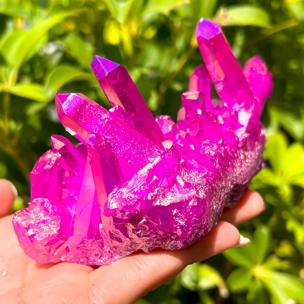 Dark Rose Aura Quartz Cluster - Ruby Red Angel Aura Healing Crystals at Magic Crystals. Ruby Aura Quartz Cluster Points. Ruby Aura Quartz activates and balances the base and heart chakras. FREE SHIPPING AVAILABLE .Dark-Rose-Aura-Quartz-Crystal-Cluster-h