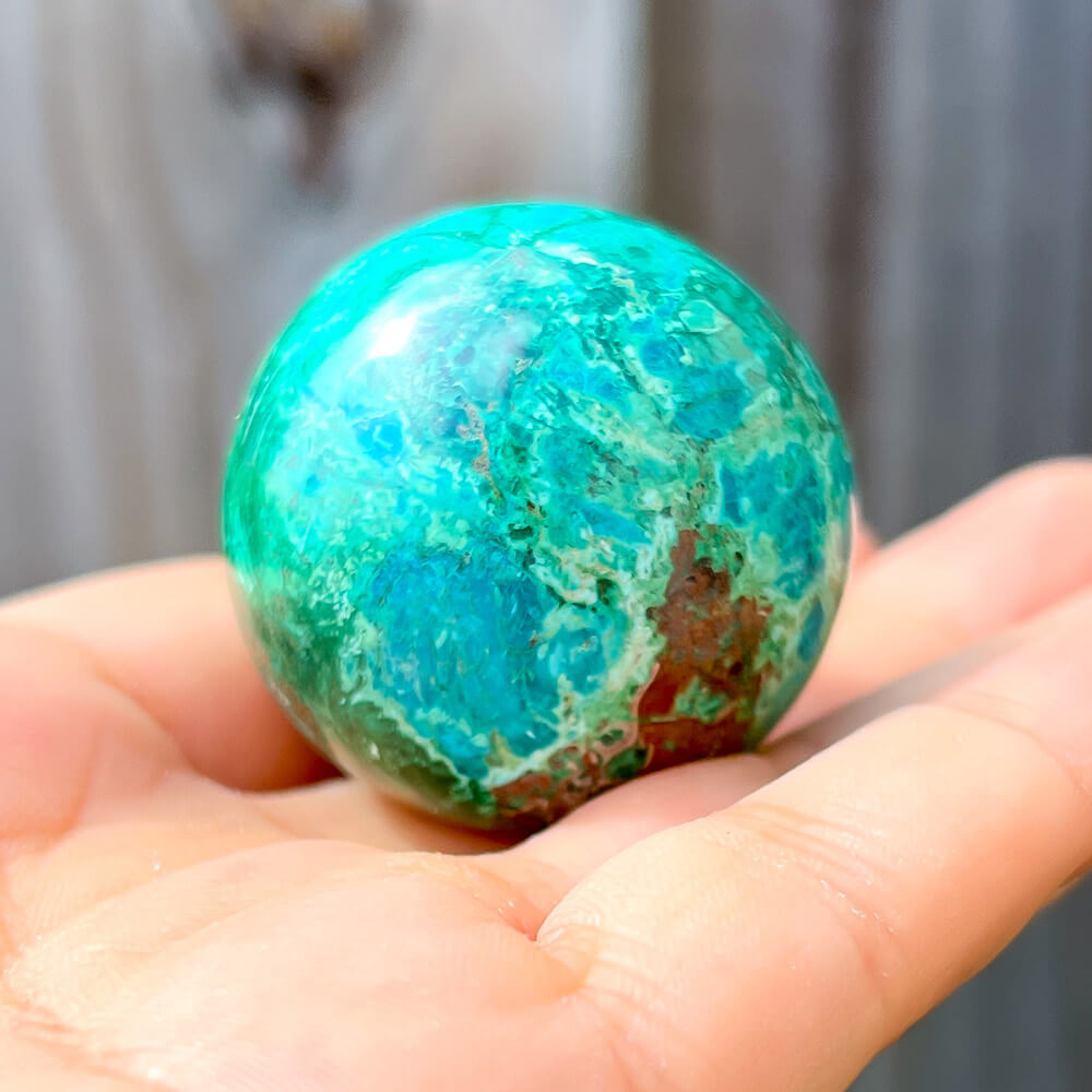 Looking for Genuine Chrysocolla Carving - C? Shop at Magic Crystals for Genuine Malachite on Chrysocolla Sphere - Malachite and Chrysocolla Carved Sphere - Malachite and Chrysocolla from Peru, Chrysocolla polished sphere, Natural Stone Beautiful Quality Polished Malachite, Chrysocolla Gemstone.