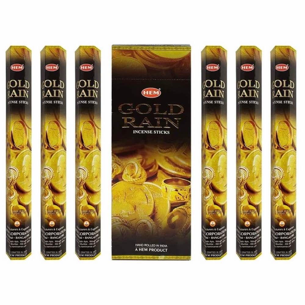 HEM Gold Rain Incense | HEM Lluvia de Oro Incienso - Magic Crystals. Free Shipping Available. 6 tubes of 20 sticks, 120 sticks total. Quality Incense. Hem is known throughout the world for producing traditional incenses made from quality woods, flowers, resins, and essential oils.