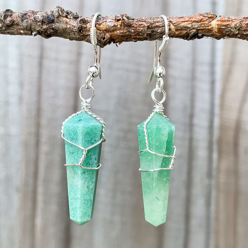 Looking for a Unique Green Aventurine Stone Double Point Earring? Find Natural Green Aventurine earrings. Green Aventurine Jewelry when you shop at Magic Crystals. Natural Green Aventurine Crystal Healing wired-wrapped earrings. Green Aventurine crystal point dangle earrings