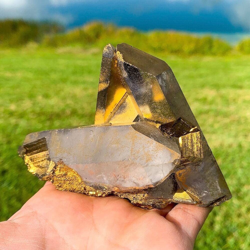 Shop for Imperial Gold Aura Quartz crystal cluster 272 gr, Healing Reiki energy blessed jewel for Solar Plexus and Heart chakras, Gold Aura Quartz, Melon Aura at Magic Crystals. Magiccrystals.com increases one’s self-worth and personal power by raising one’s vibrations to those of empowerment and joy.