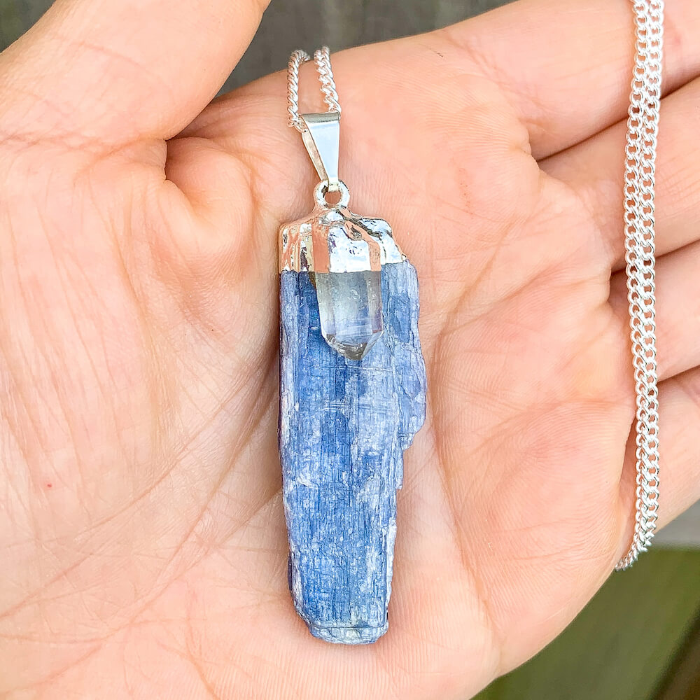 Blue Kyanite Necklace. Shop for handmade Raw Kyanite Pendant Clear Quartz Necklace - Raw Kyanite Jewelry at Magic Crystals. Blue Crystal Necklace are perfect for men or women. Raw Crystal Necklace - Raw Stone Necklace - Bohemian Pendant with FREE SHIPPING available. Christmas gift, birthday present.