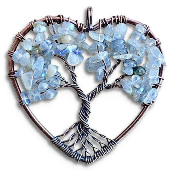 Larvikite-Labradorite-Tree-of-Life-Copper-Wire-Heart-Necklace. Looking for Copper Jewelry? Magic Crystals offers handmade Heart Copper Wire Wrapped, Tree Of Life, Hematite Pendant Necklace, 7th Anniversary Gift, Yggdrasil Necklace for Him or Her Gift. Heart Gift perfect for any occasion. Heart Necklace With gemstones. Tree of Life made of copper in a pendant necklace.