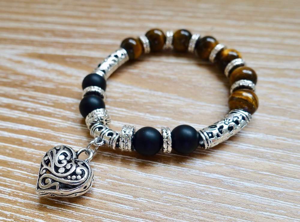Black Onyx Matte Stone and Yellow Tiger Eye Gemstone Heart Bracelet - Magic Crystals - Tiger Eye Bracelet