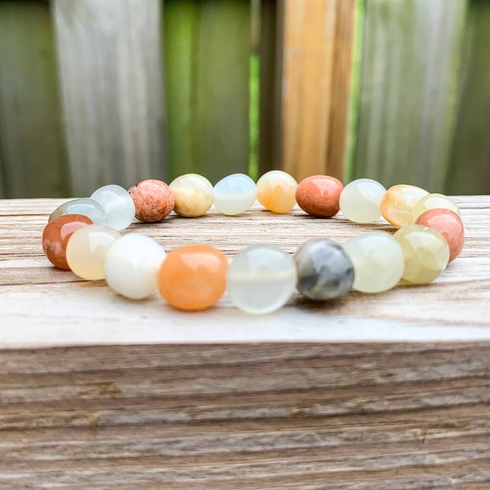 Shop for Moonstone Jewelry at Magic Crystals. Moonstone Tumbled Bracelet Align your Energies, Divine Dreaming, Open your Emotions, Calm the Mind, Soothe the Spirit. Multi-Color AAA Premium Quality Gemstones - Strong stretch cord bracelet. Super Chunky Crystals full of magic and perfect for stacking.