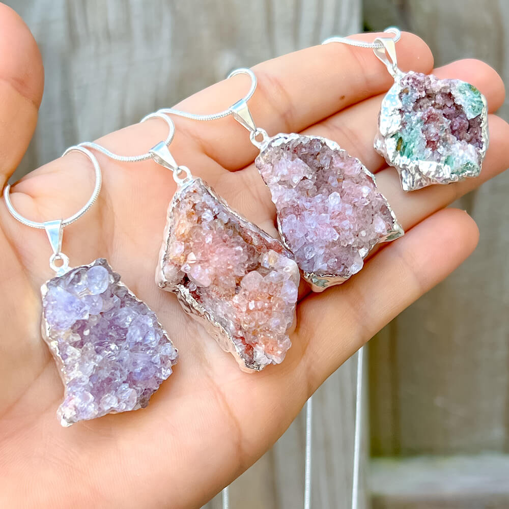 Buy Magic Crystals Pink Amethyst Geode Necklace - Pink Amethyst Jewelry, Pink Amethyst Geode | Pink Amethyst Cluster | Pink Amethyst Crystal | Pink Amethyst Crystal Cluster at Magic Crystals. Natural Amethyst Gemstone for love, PEACE, INSPIRATION. Magiccrystals.com offers FREE SHIPPING.