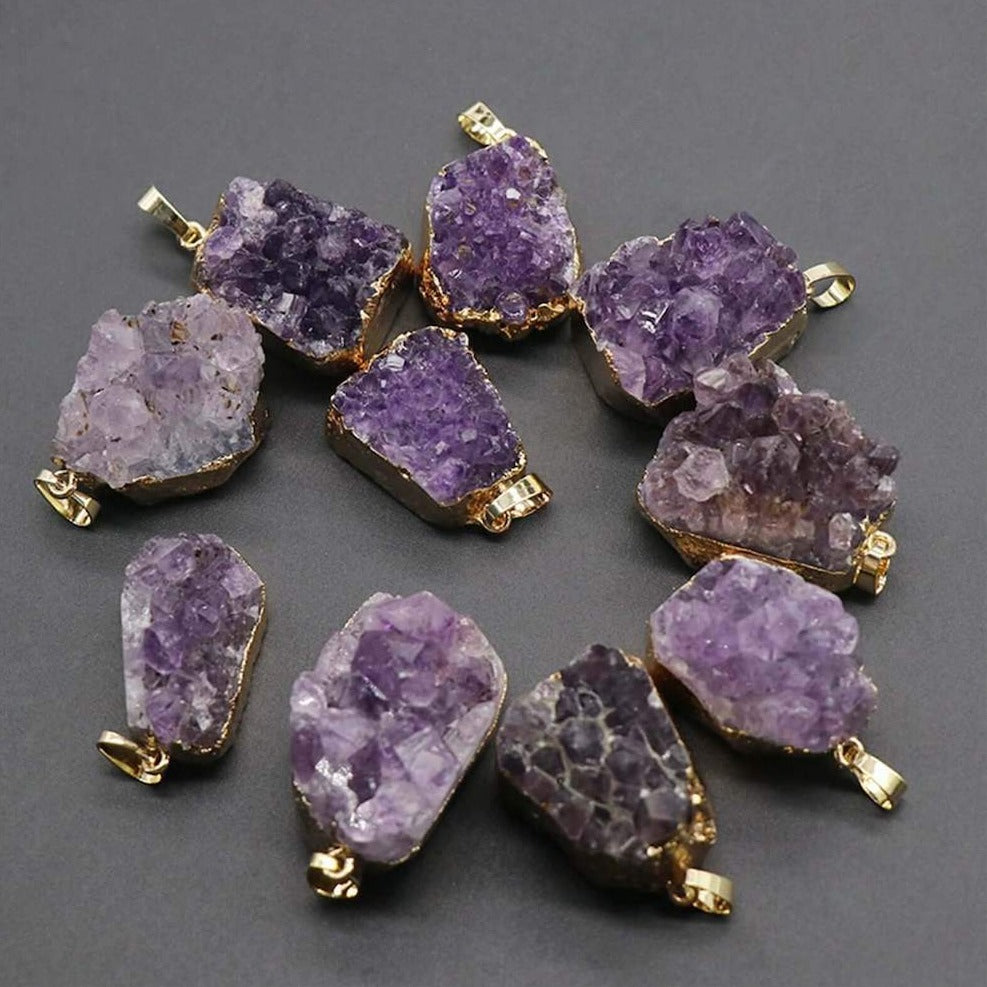 Amethyst Necklace. Shop for Raw Amethyst Pendant Gold Necklace - Amethyst Jewelry at Magic Crystals. FREE SHIPPING available. Grade A, genuine amethyst, giving it an elegant look perfect for anniversary gift, Christmas. Gift for spiritual people. Raw Crystal Necklace, Raw Stone Amethyst Druzy Pendant.