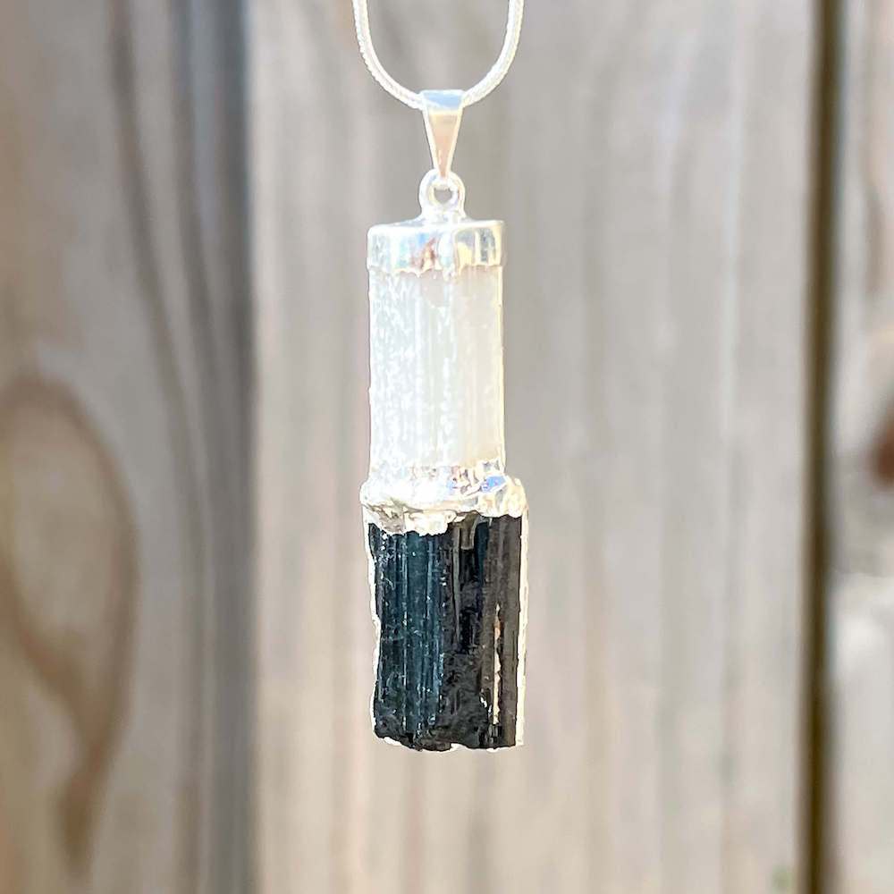 Looking for Selenite and Black Tourmaline Pendant Necklace? Selenite and Tourmaline Pendant Jewelry and Selenite and Tourmaline Necklace are available at Magic crystals. We carry genuine Selenite, and Tourmaline stones. This necklace is used for Money Stone, Cleansing pendants, and protection. FREE SHIPPING available.