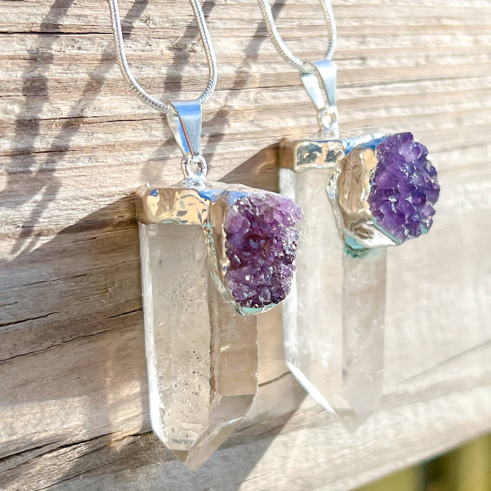 Raw Amethyst and Clear Quartz Pendant Crystal Necklace. spirituality amplifier necklace. Looking for Amethyst necklaces? Amethyst Jewelry? Find quality Amethyst gemstone when you shop at Magic Crystals. Amethyst is a solar plexus chakra stone used metaphysically to increase, magnify and clarify personal power.