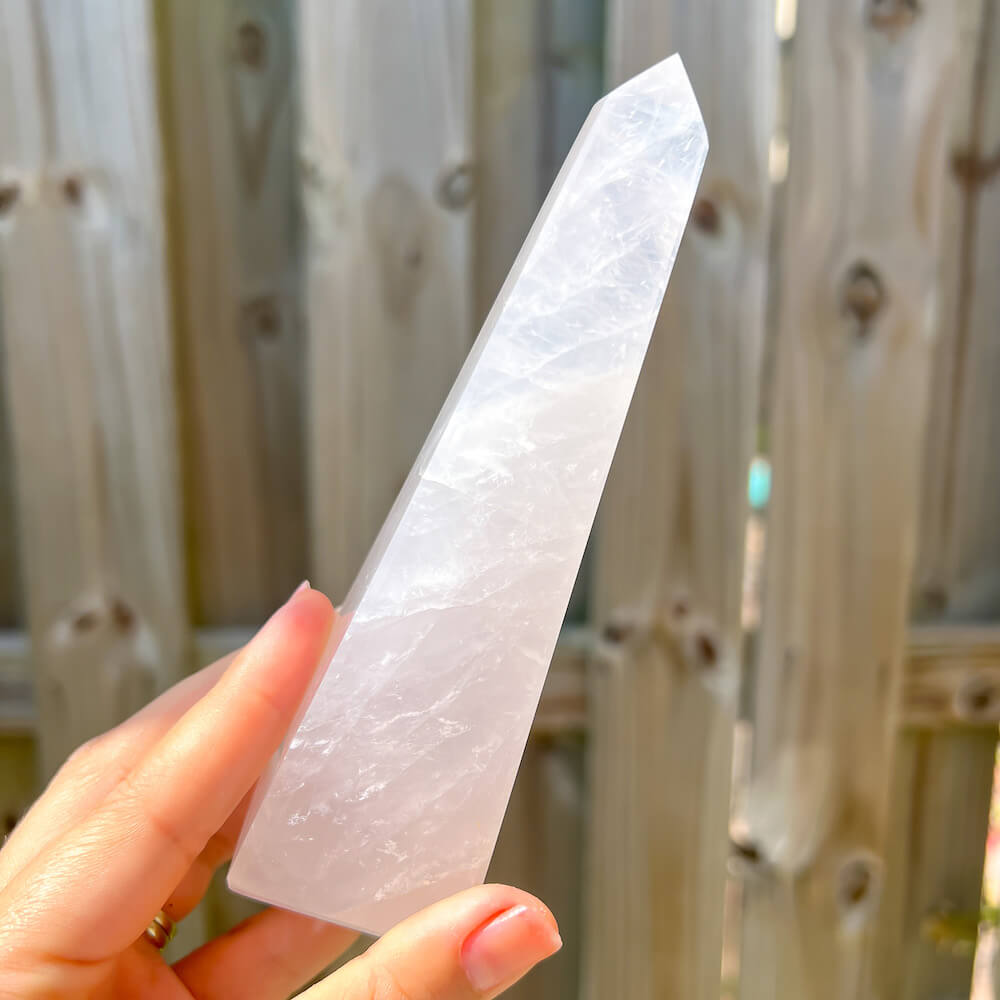 Rose Quartz Obelisk - D, Rose Quartz Crystal Point at Magic Crystals. Natural Rose quartz Single Terminated Gemstone Crystal Pencil Shape Rose quartz. Rose Quartz is the stone of universal and unconditional love. Rose Quartz Crystal Obelisk/Wand/Point, Reiki Healing. Rose Quartz Crystal, Heart Chakra - Reiki Healing