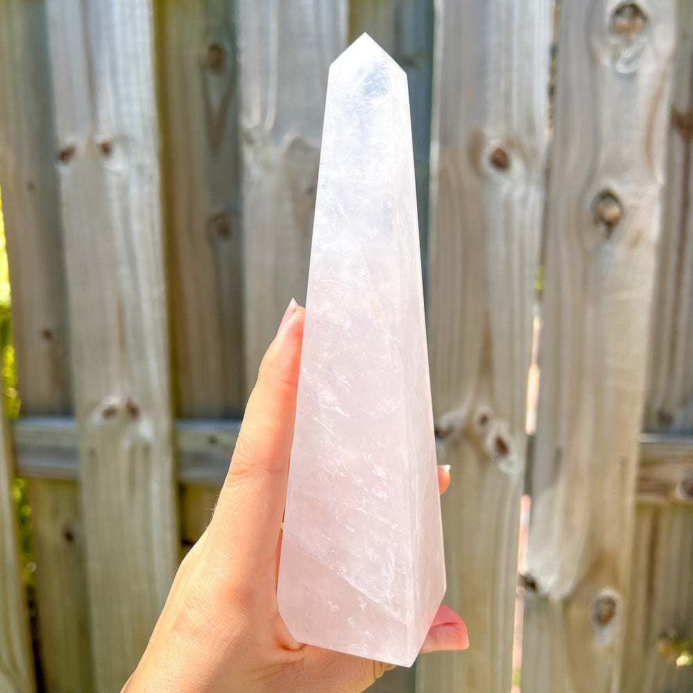 Rose Quartz Obelisk - C, Rose Quartz Crystal Point at Magic Crystals. Natural Rose quartz Single Terminated Gemstone Crystal Pencil Shape Rose quartz. Rose Quartz is the stone of universal and unconditional love. Rose Quartz Crystal Obelisk/Wand/Point, Reiki Healing. Rose Quartz Crystal, Heart Chakra - Reiki Healing