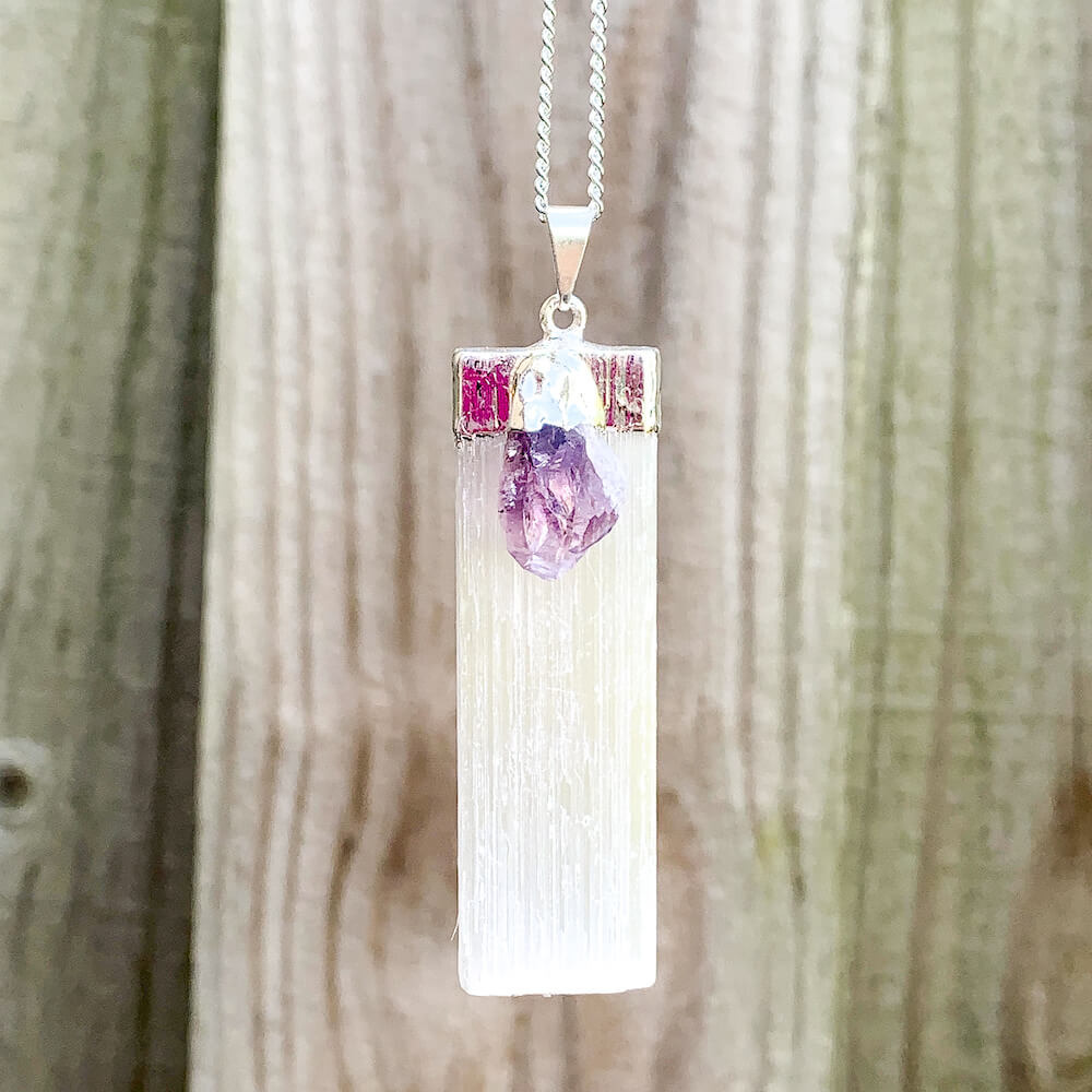 Looking for a Selenite Necklace or Amethyst Necklace? Selenite and Amethyst Pendant with Chain and Selenite and Amethyst Necklace are available at Magic crystals. We carry genuine Selenite, Amethyst stones. This necklace is used for Money Stone, Cleansing Pendant, and Stress Relief. FREE SHIPPING available.