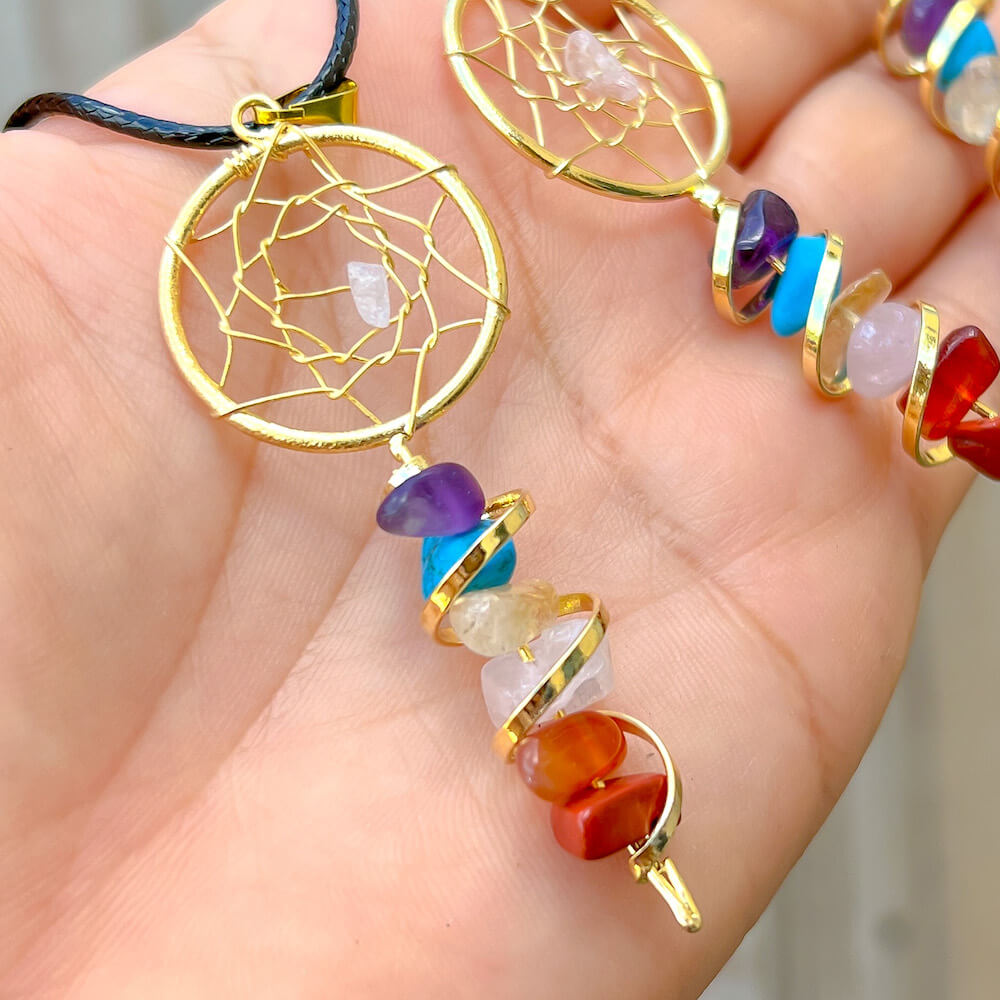 Shop our 7 Chakra Stone Necklace at Magic Crystals. We Have the Very Best Quality and Unique Gemstones Collection. Our items are Hand Crafted and Handmade with Love. This Seven Chakra Infinity Dream Catcher Golden Necklace will Help you Activate your Chakras to Bring Balance and Energy into your Life.