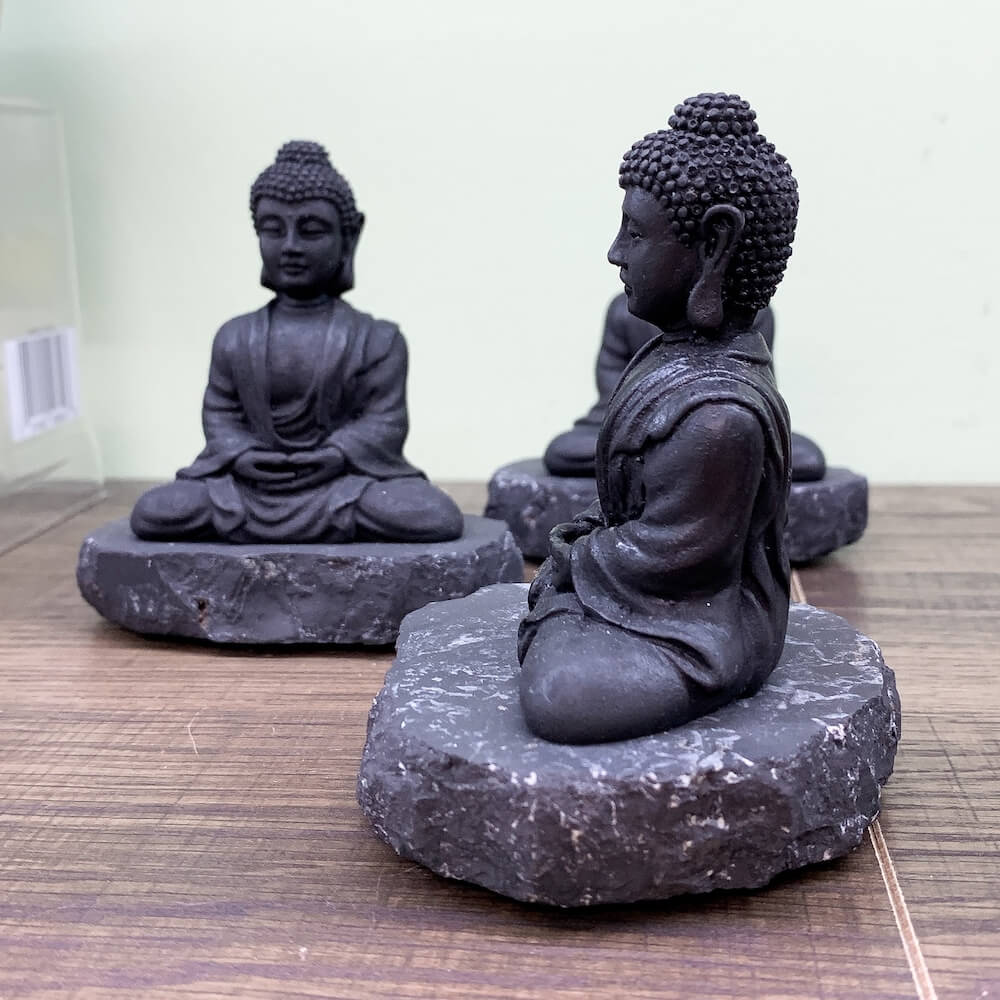 Shungite Meditation buddha statue from Russia. Shungite dhyana hand-carved buddha sculpture at Magic Crystals. Chakra Healing Stone, Block EMF's WIFI Radiation 5G. Shungite is an extremely earthy stone that is wonderful for easing geopathic stresses such as electromagnetic pollution, smog, and frequencies.