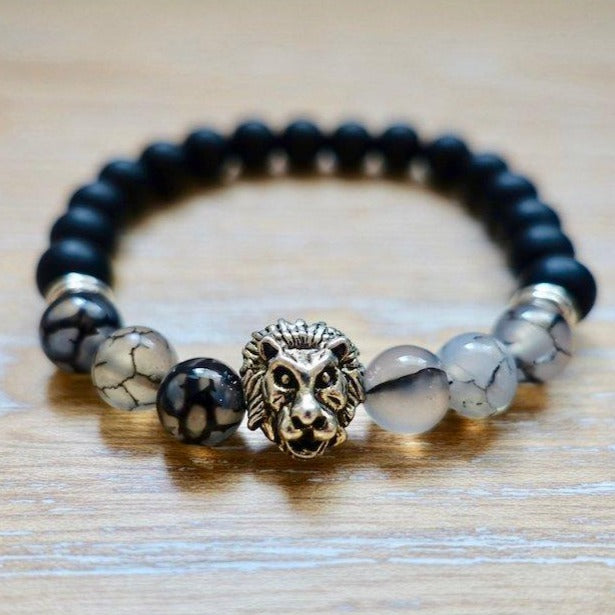 Black Onyx Stone & Tourmalinated quartz Gemstone - Lion Bracelet - Magic crystals