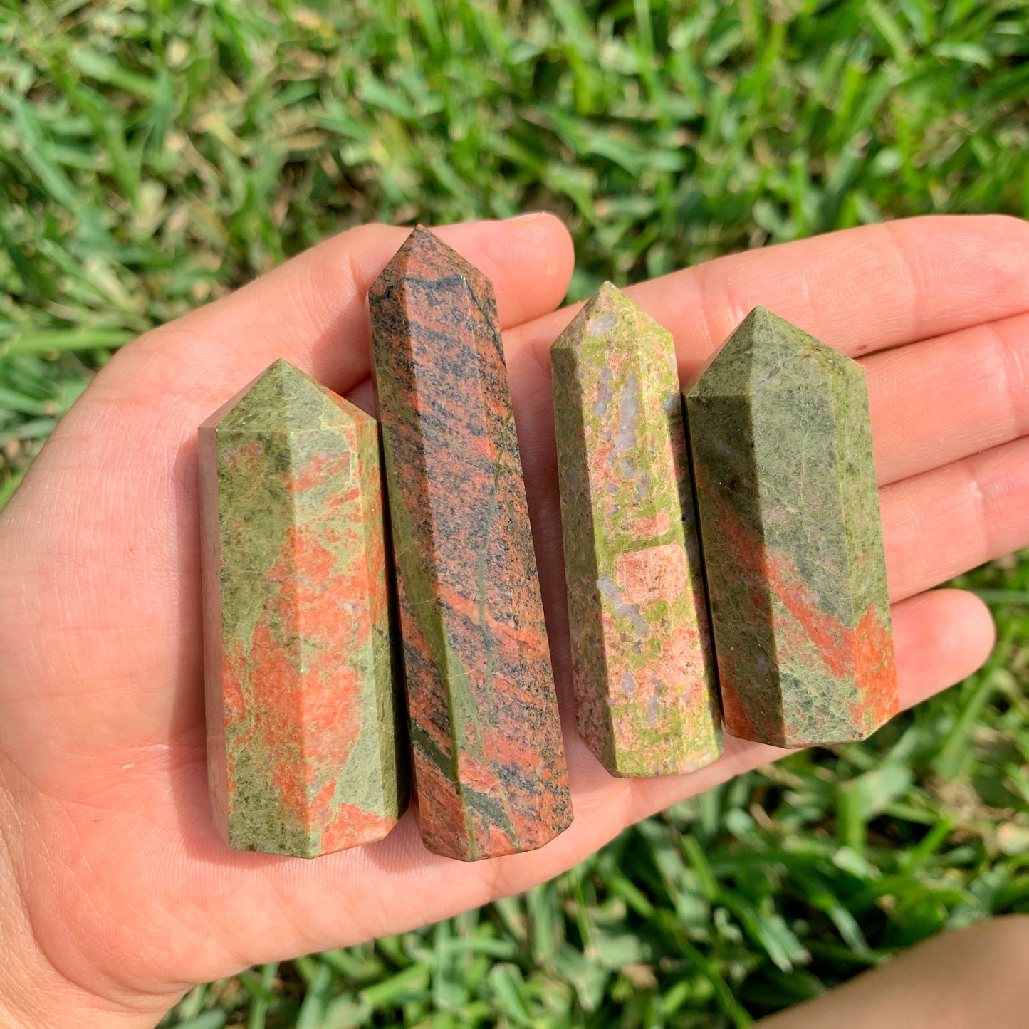 Looking for Unakite Stone Obelisk? Shop at Magic Crystals for Natural Unakite Towers, unalite carvings and more. These Unakite obelisks hold a power all their own as they symbolize the ancient obelisks found in Egypt. Shop Unakite obelisks, wands and pencil points. FREE SHIPPING available.