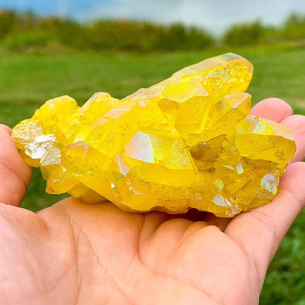 Looking for Rare Beautiful Yellow flame Aura Quartz Crystal cluster? Show at Magic Crystals for yellow gemstone clusters. AURA QUARTZ in color Sunshine Yellow - Large - Rainbow Quartz Crystal. Crystal Cluster and spirit Quartz, Metaphysical perfect for Crystal Decor. FREE SHIPPING AVAILABLE