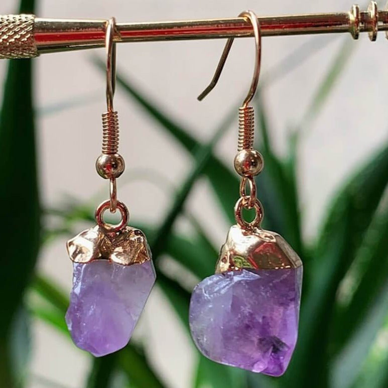 Natural Raw Amethyst Dangling Earrings, Gold Dipped Amethyst Set with Matching Pendant - Magic Crystals - Earrings