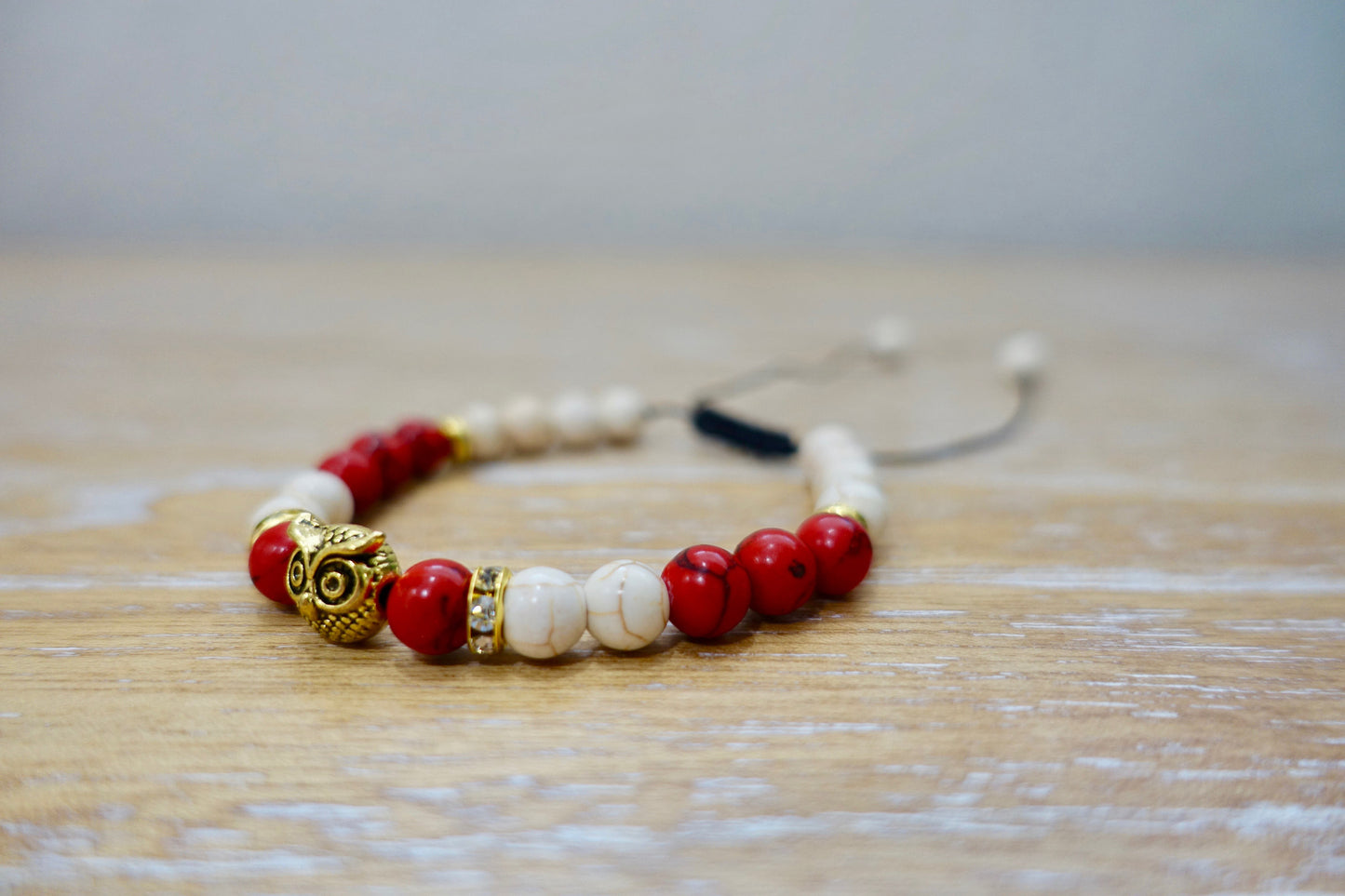 Howlite Stone and Red Sediment Jasper Adjustable Owl Bracelet-Bracelets-Magic Crystals