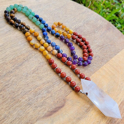MagicCrystals with variaty of mala necklace made of genuine real crystals. Hand-Knotted Mala Crystal Necklace. 7-Chakras-Knotted-Mala-Necklace