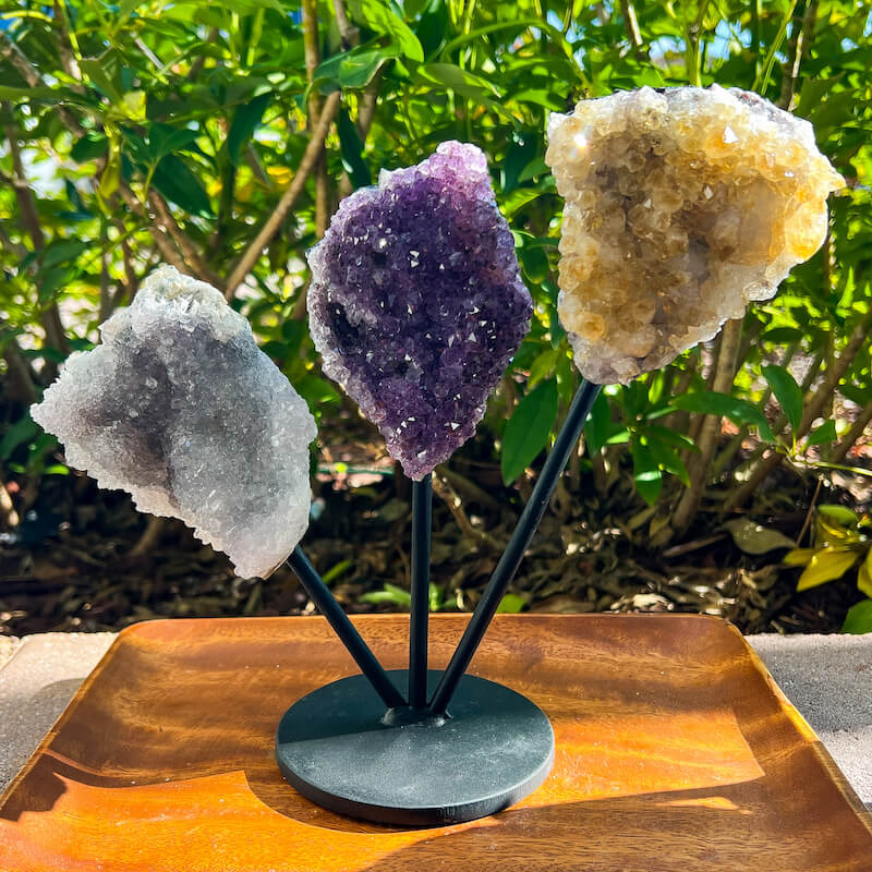 Horizontal Amethyst, Citrine & Clear Quartz Crystal Set for Abundance, Clarity & Spiritual Growth