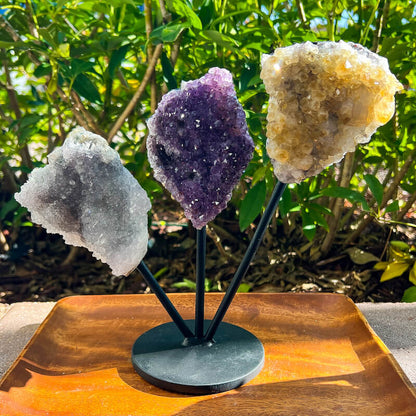 Horizontal Amethyst, Citrine & Clear Quartz Crystal Set for Abundance, Clarity & Spiritual Growth