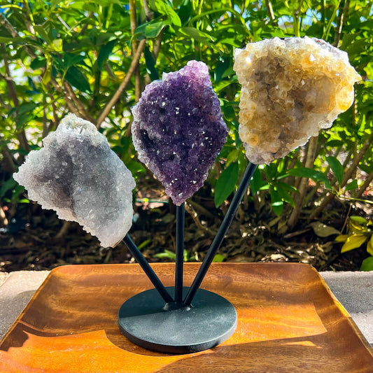 Horizontal Amethyst, Citrine & Clear Quartz Crystal Set for Abundance, Clarity & Spiritual Growth
