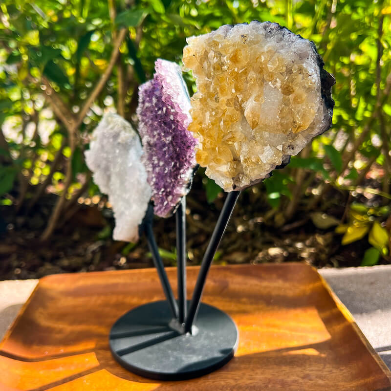 Horizontal Amethyst, Citrine & Clear Quartz Crystal Set for Abundance, Clarity & Spiritual Growth