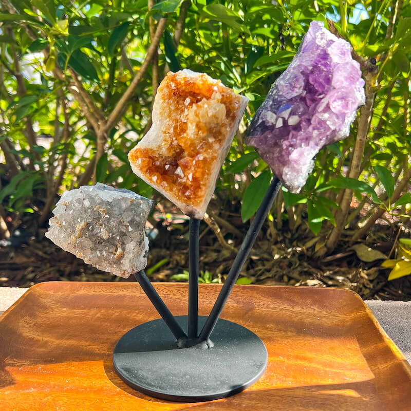 Horizontal Amethyst, Citrine & Clear Quartz Crystal Set for Abundance, Clarity & Spiritual Growth