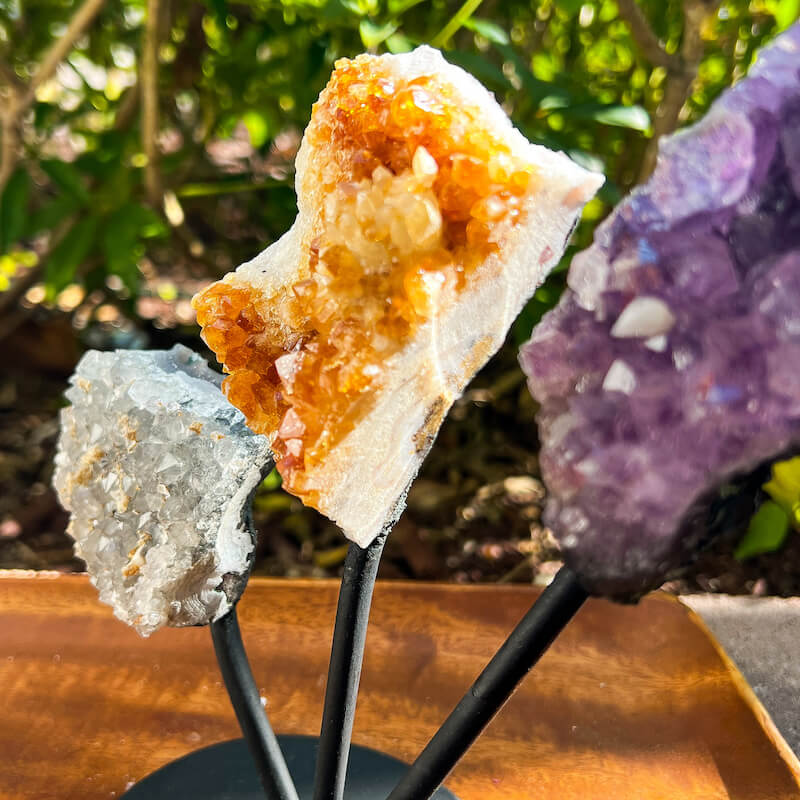 Horizontal Amethyst, Citrine & Clear Quartz Crystal Set for Abundance, Clarity & Spiritual Growth