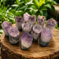 Amethyst crystal cups on a wooden stump with green foliage in the background