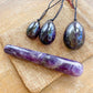 Amethyst-Yoni Eggs Set and Massage Wand. These Natural Stone Yoni Egg Set and Massage Wand from Magic Crystals help you build an intimate connection with your body. Polished yoni egg crystals and wand are drilled available in Black Onyx,  Opalite, Unakite, Nephrite Jade, tiger Eye, Clear Quartz, Red jasper, Aventurine, Amethyst, Rose Quartz