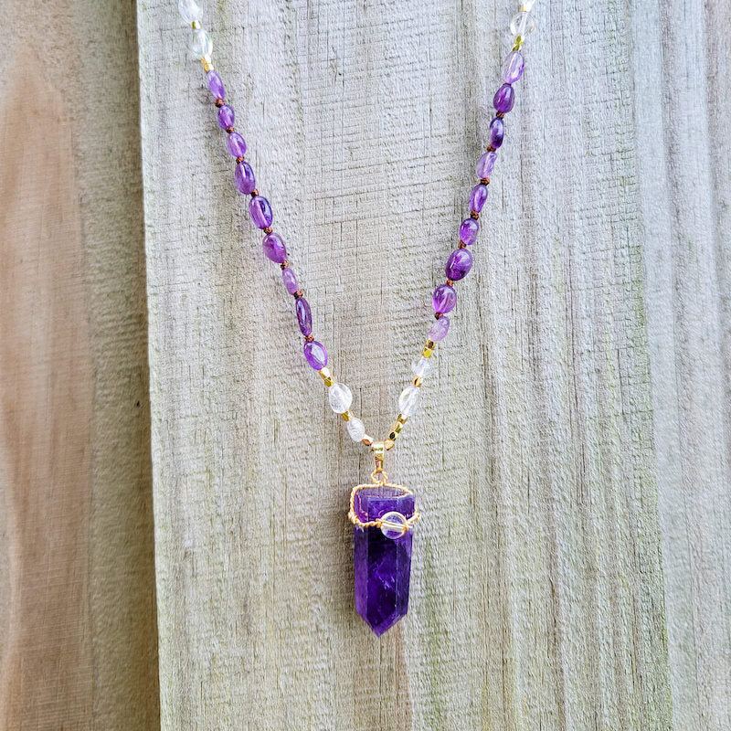 Amethyst-and-Clear-Quartz-Single-Point-Mala-Necklace. Long Hand-Knotted Mala Crystal Necklace. MagicCrystals with variaty of mala necklace made of genuine real crystals 