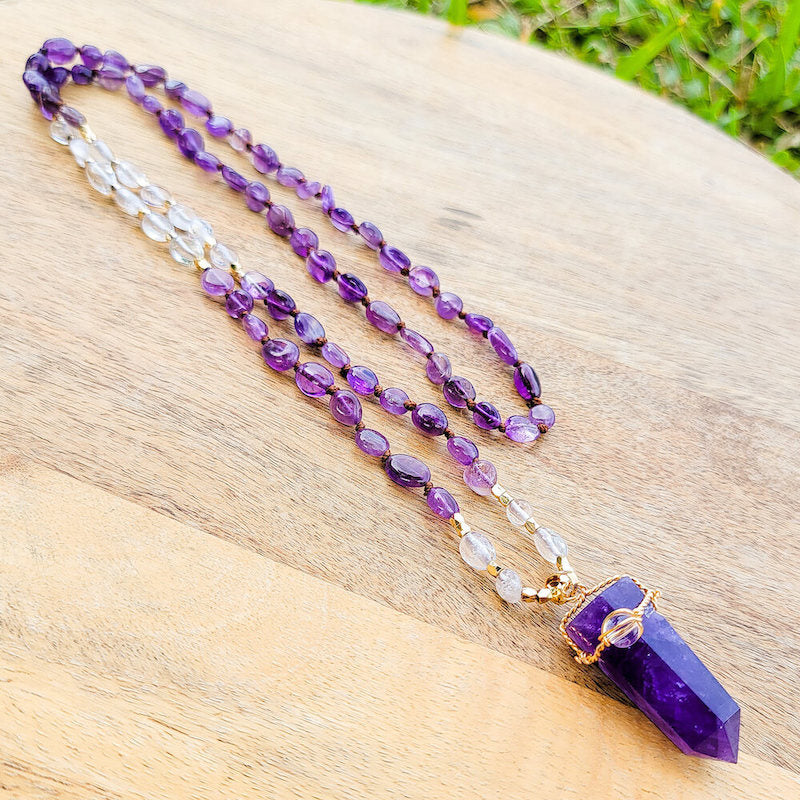 Amethyst-and-Clear-Quartz-Single-Point-Mala-Necklace. Long Hand-Knotted Mala Crystal Necklace. MagicCrystals with variaty of mala necklace made of genuine real crystals 