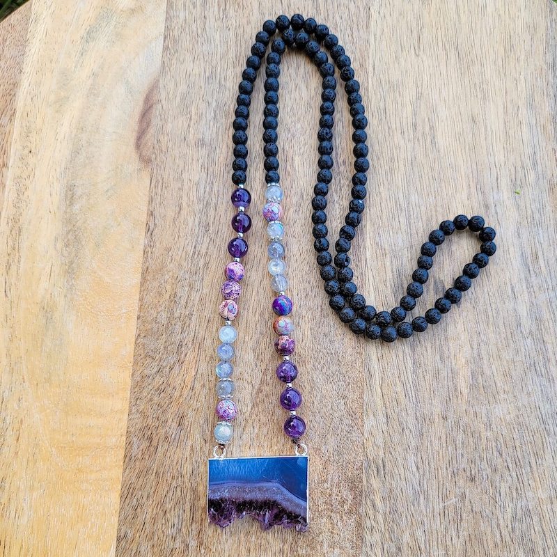 Amethyst-and-Sea-Sediment-Jasper-Slab-Mala-Necklace. Long Hand-Knotted Mala Crystal Necklace. MagicCrystals genuine mala necklace made of lava stone and jasper.