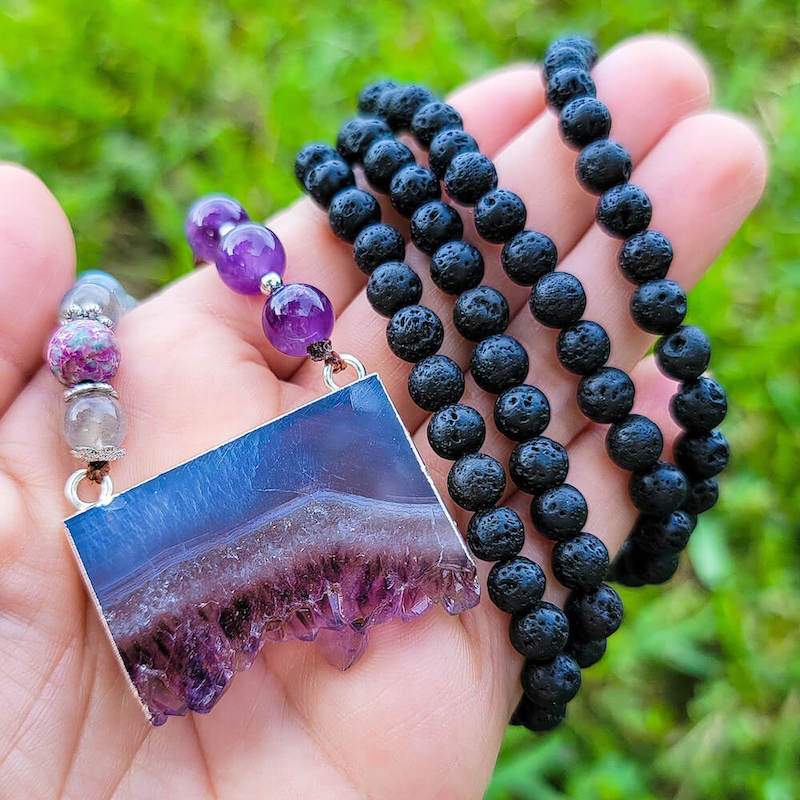 Amethyst-and-Sea-Sediment-Jasper-Slab-Mala-Necklace. Long Hand-Knotted Mala Crystal Necklace. MagicCrystals genuine mala necklace made of lava stone and jasper.