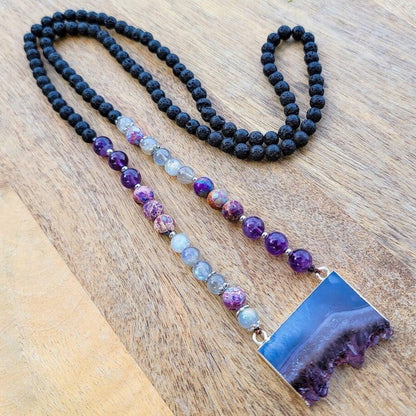 Amethyst-and-Sea-Sediment-Jasper-Slab-Mala-Necklace. Long Hand-Knotted Mala Crystal Necklace. MagicCrystals genuine mala necklace made of lava stone and jasper.