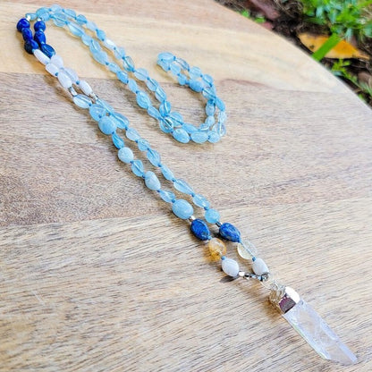 MagicCrystals with variaty of mala necklace made of genuine real crystals. Aquamarine-Nugget-Chip-Necklace. Long Hand-Knotted Mala Crystal Necklace