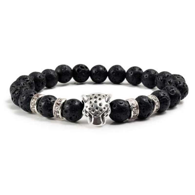 Black-Lava-Silver-Leopard-Lava-Bracelet. Lava Stone Natural Beaded Bracelet. Bead Bracelet. Natural Lava Stone Beaded Bracelet - Lava Jewelry - MagicCrystals