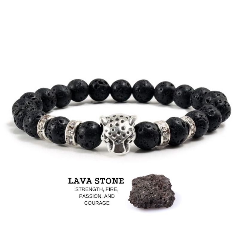 Black-Lava-Silver-Leopard-Lava-Bracelet. Lava Stone Natural Beaded Bracelet. Bead Bracelet. Natural Lava Stone Beaded Bracelet - Lava Jewelry - MagicCrystals